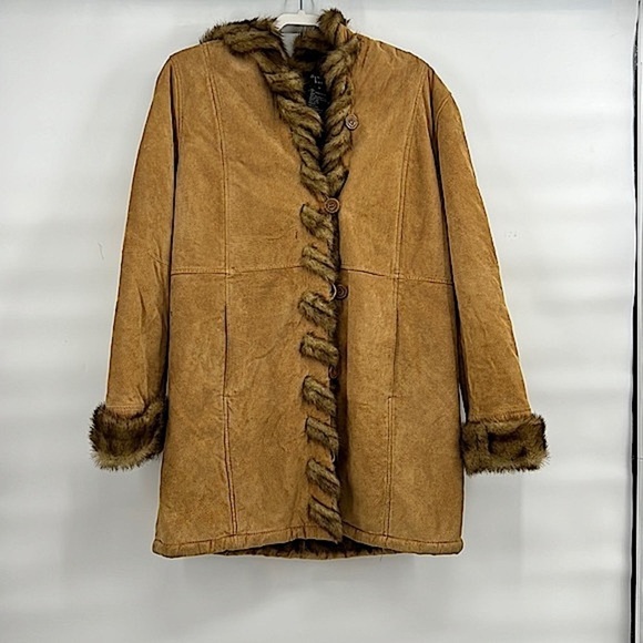 Vintage 90s 100% leather penny lane fur trim coat size medium - Picture 1 of 6